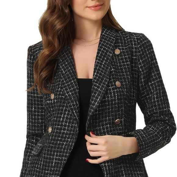 Women's Black Tweed Double-Breasted Blazer - Picture 1 of 4
